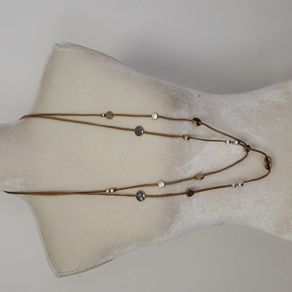 DOUBLE Necklace Leather & Hammered Medallions Gold & Silver